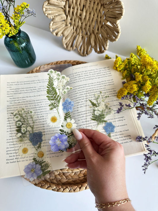 blue + white pressed flower bookmark