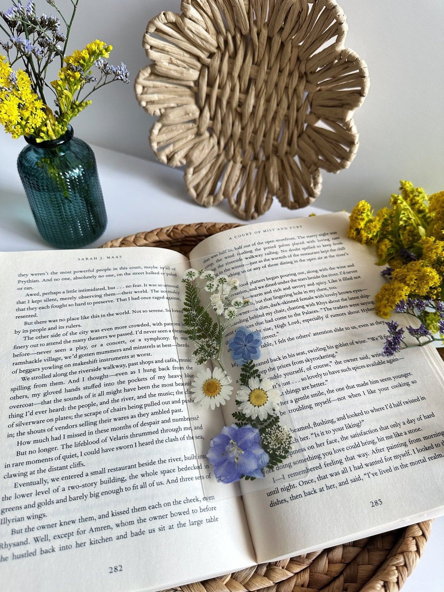 blue + white pressed flower bookmark