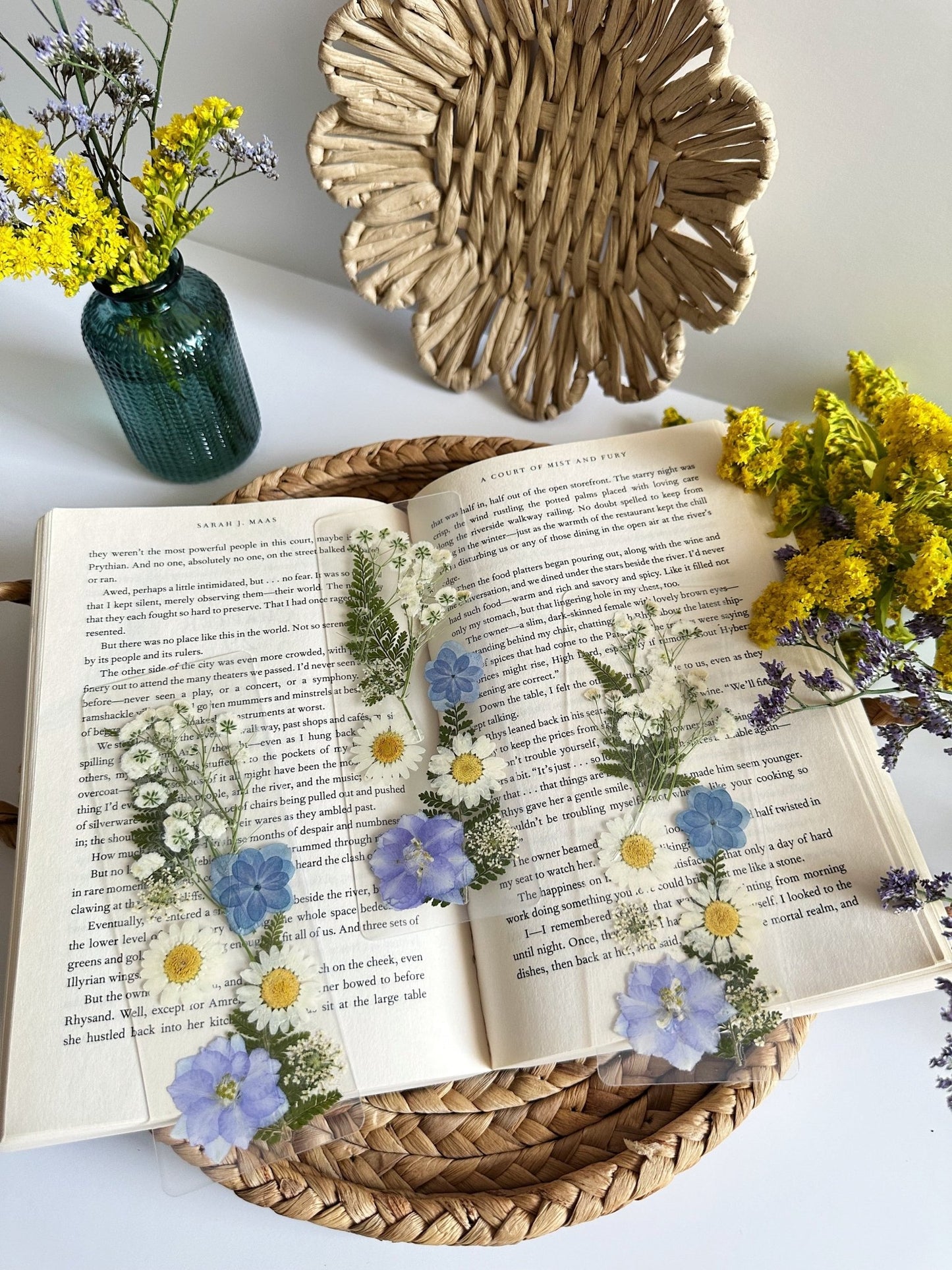 blue + white pressed flower bookmark