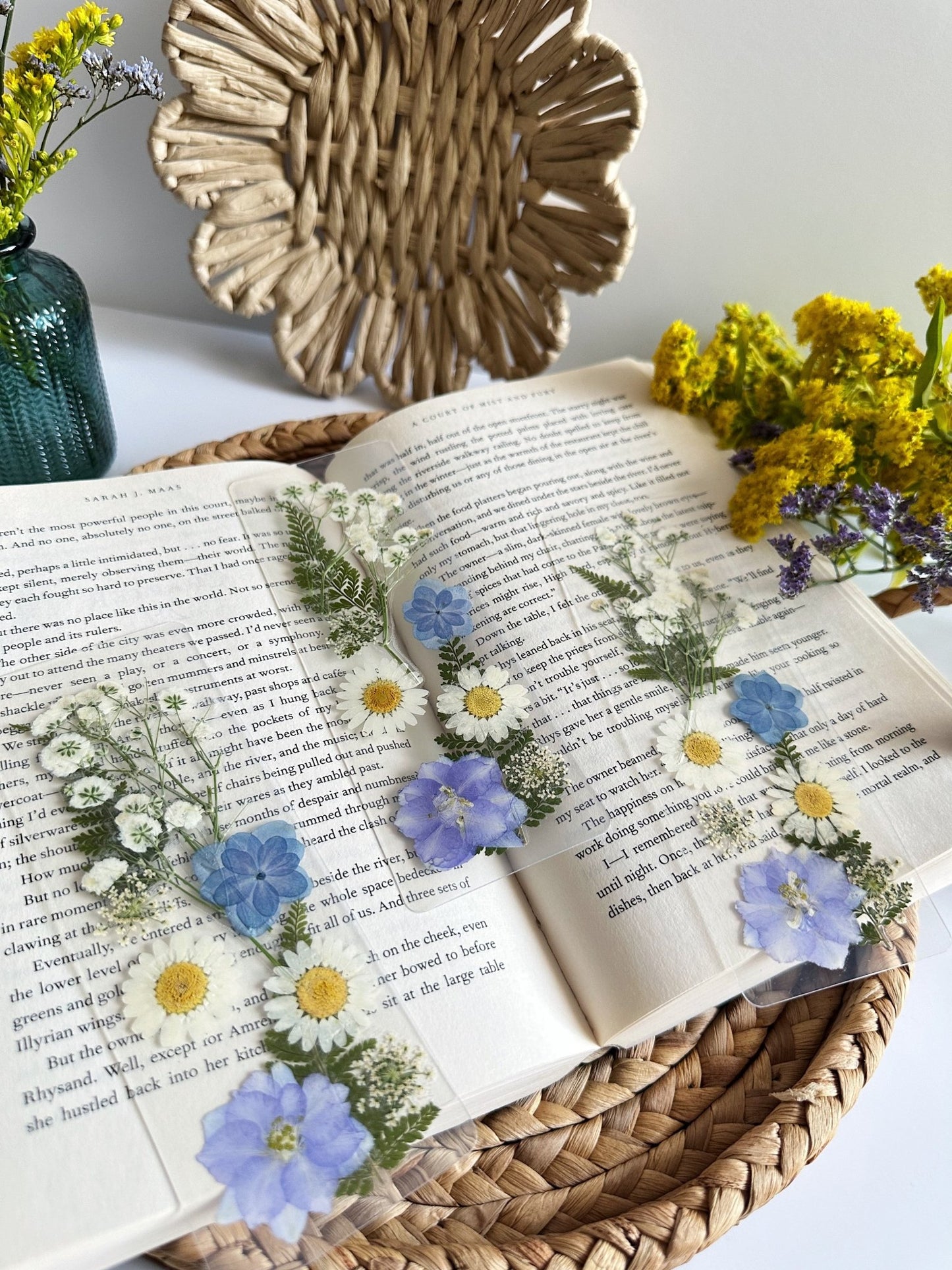 blue + white pressed flower bookmark