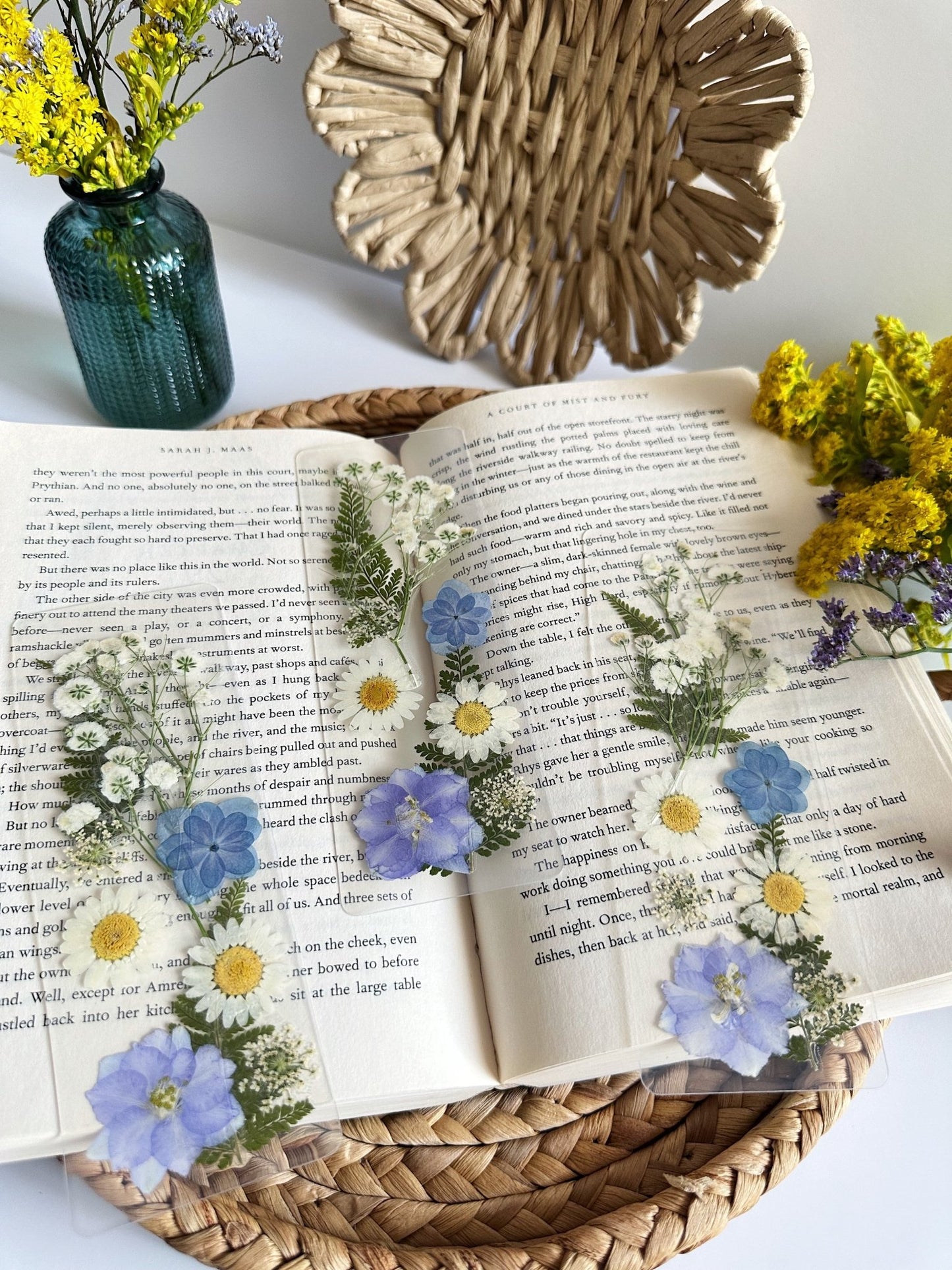 blue + white pressed flower bookmark