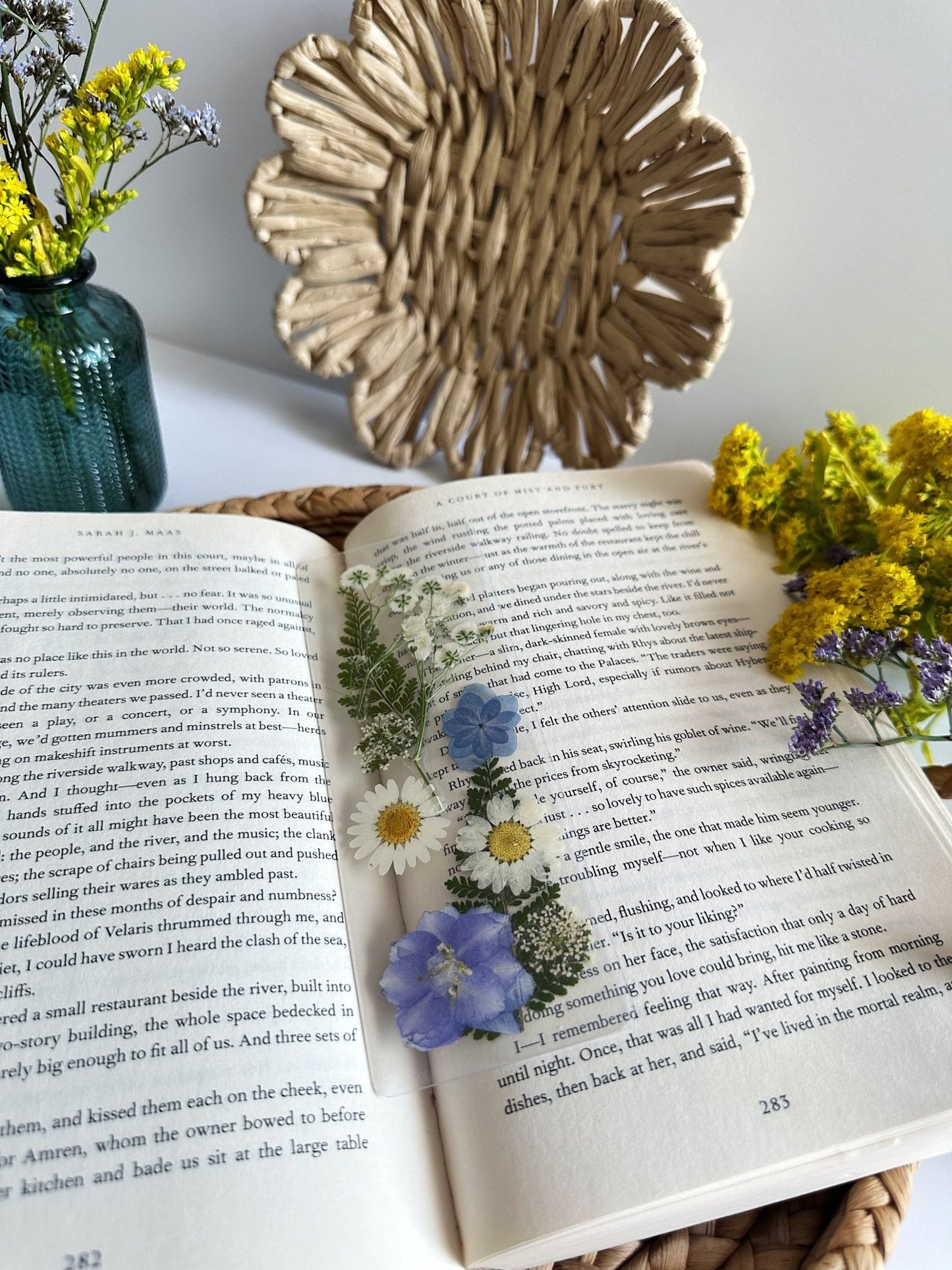 blue + white pressed flower bookmark