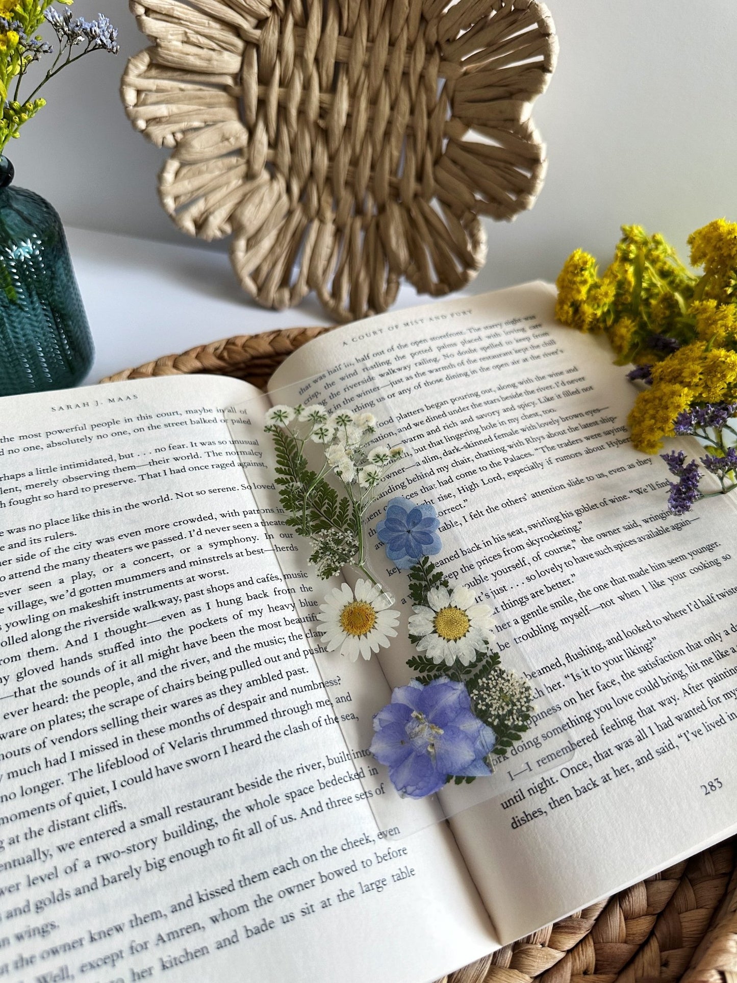 blue + white pressed flower bookmark