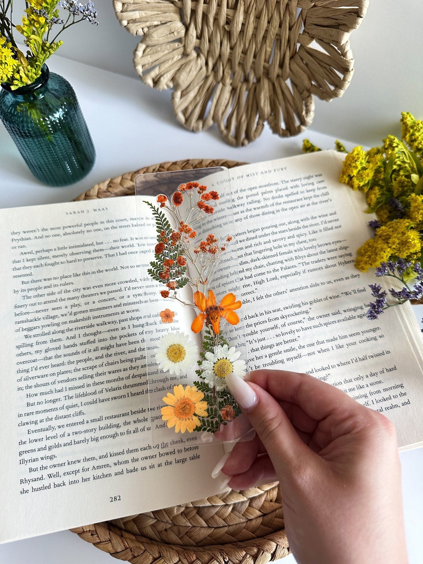 orange + white pressed flower bookmark