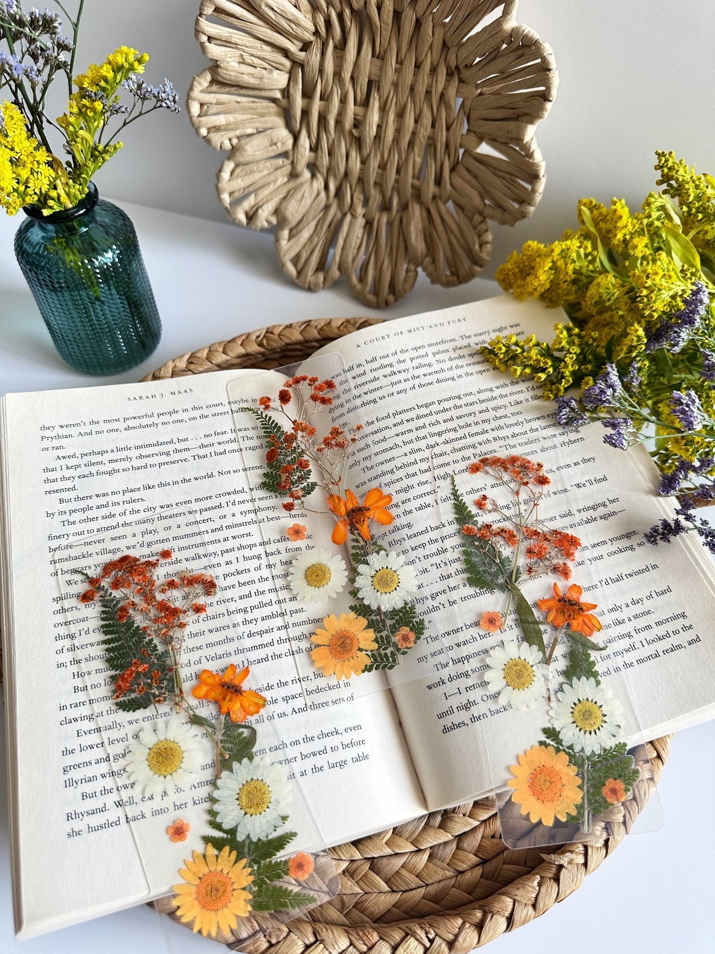 orange + white pressed flower bookmark