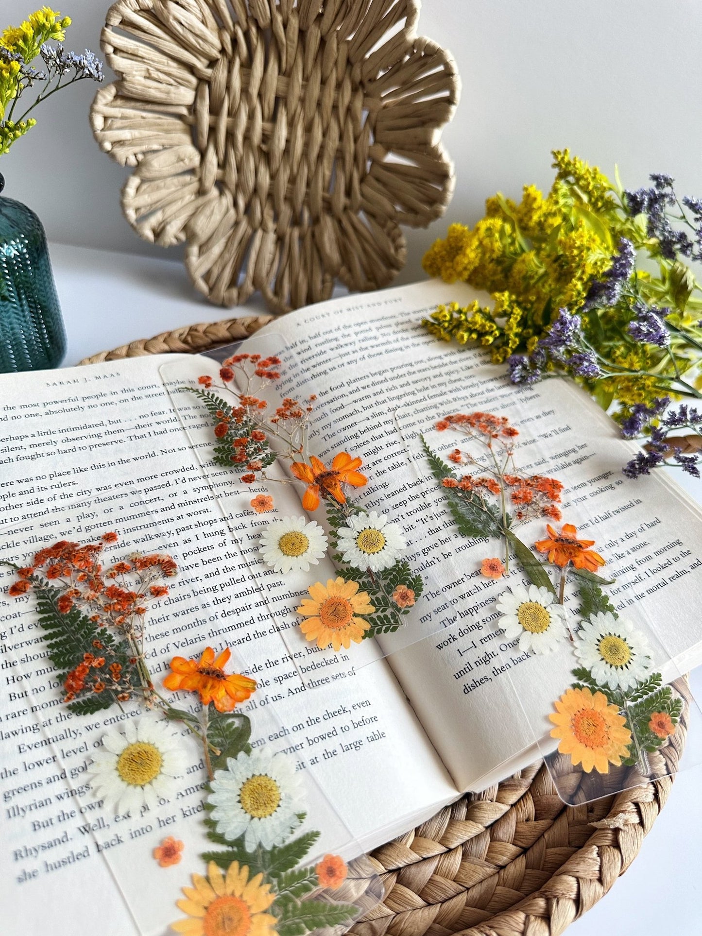 orange + white pressed flower bookmark