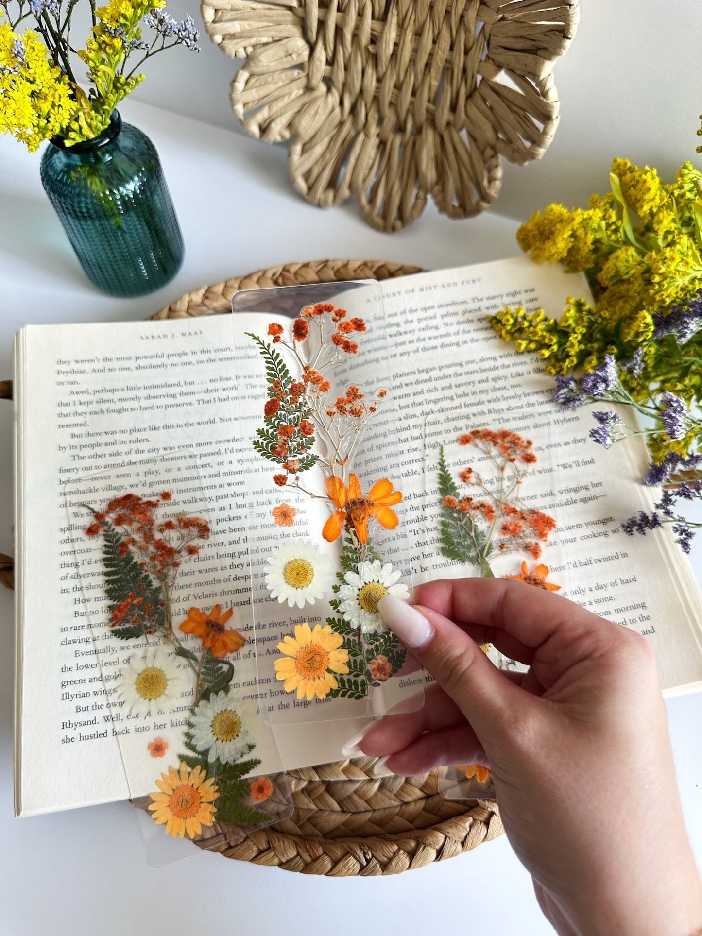 orange + white pressed flower bookmark