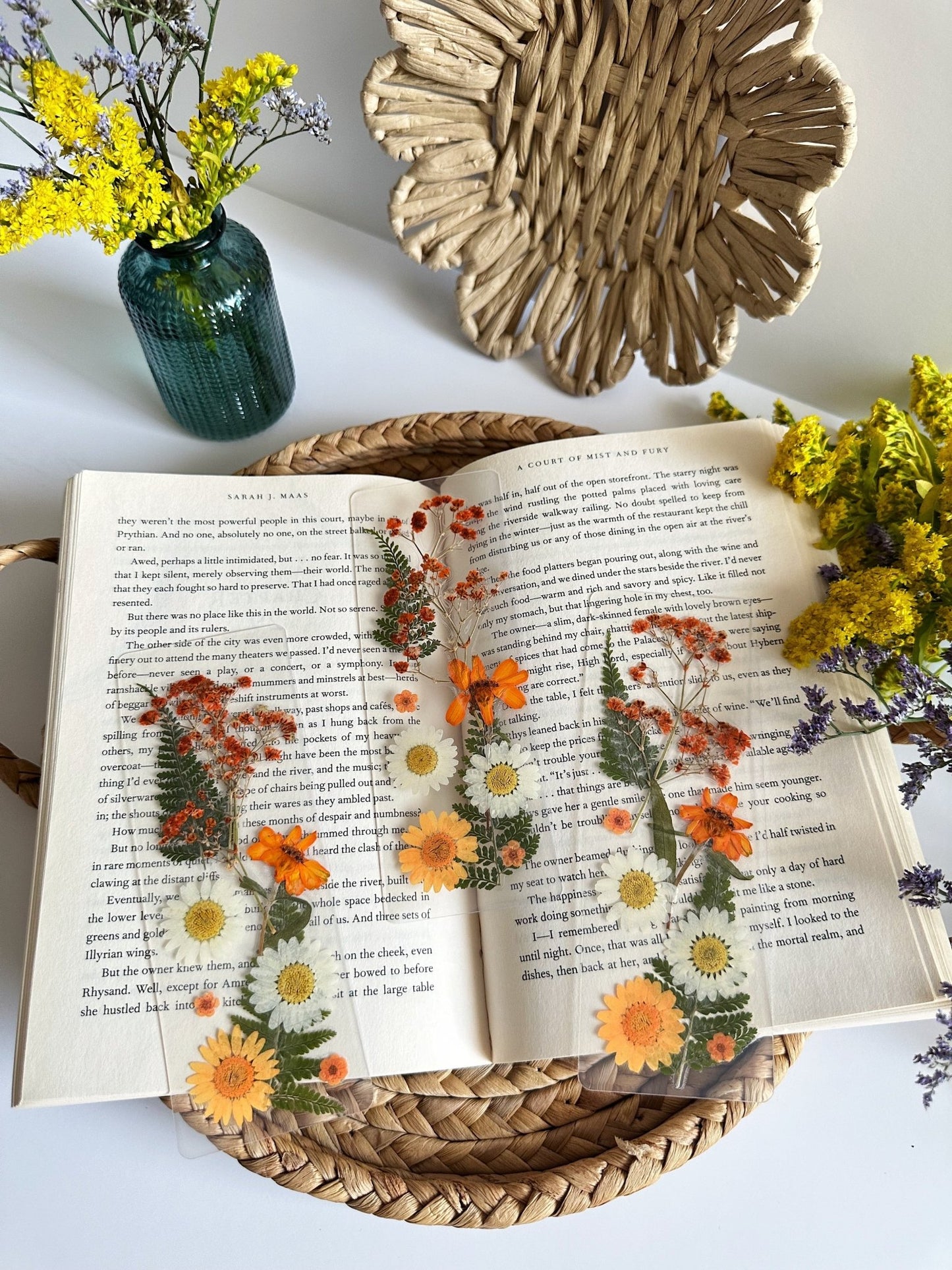 orange + white pressed flower bookmark