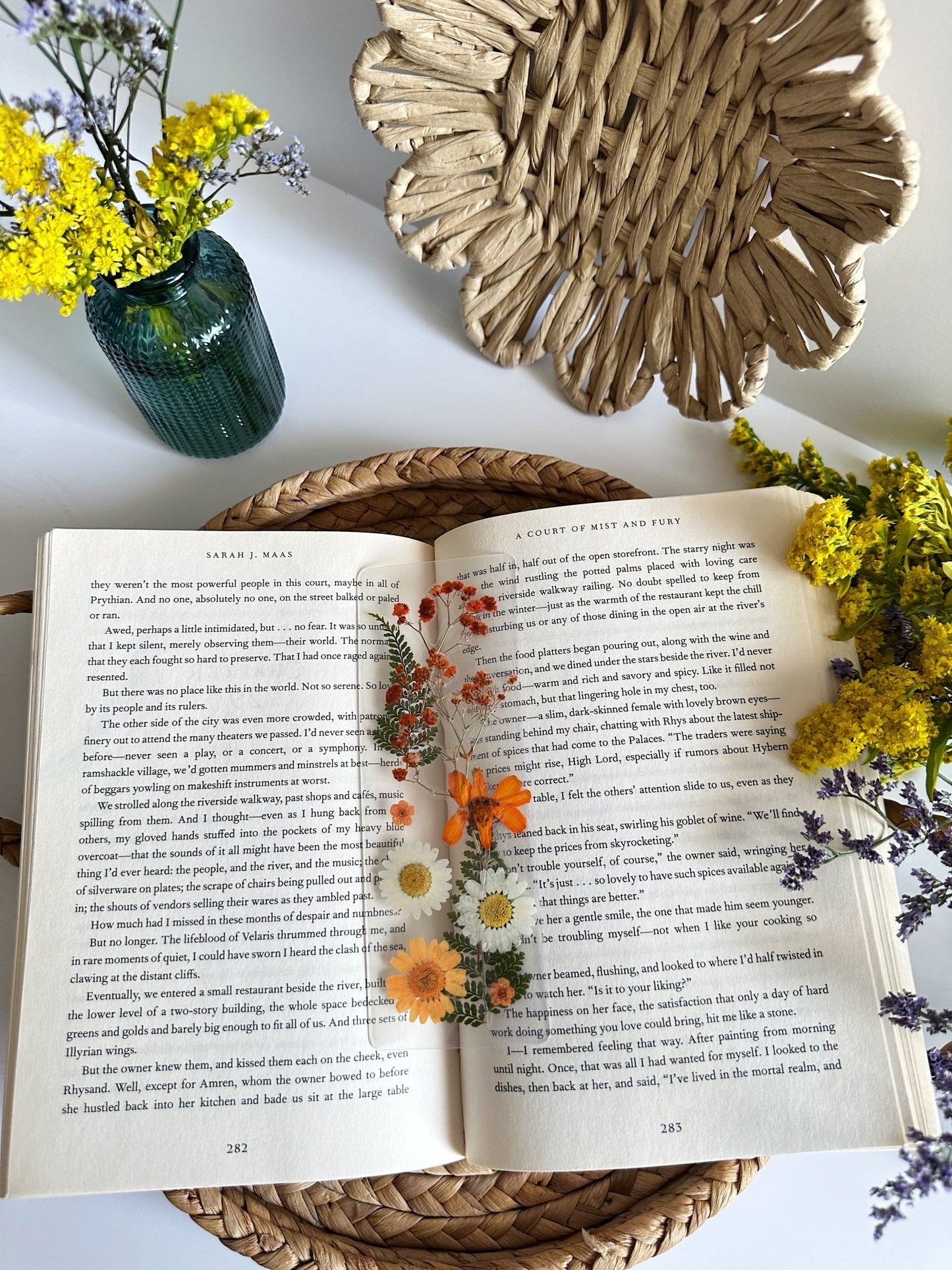 orange + white pressed flower bookmark