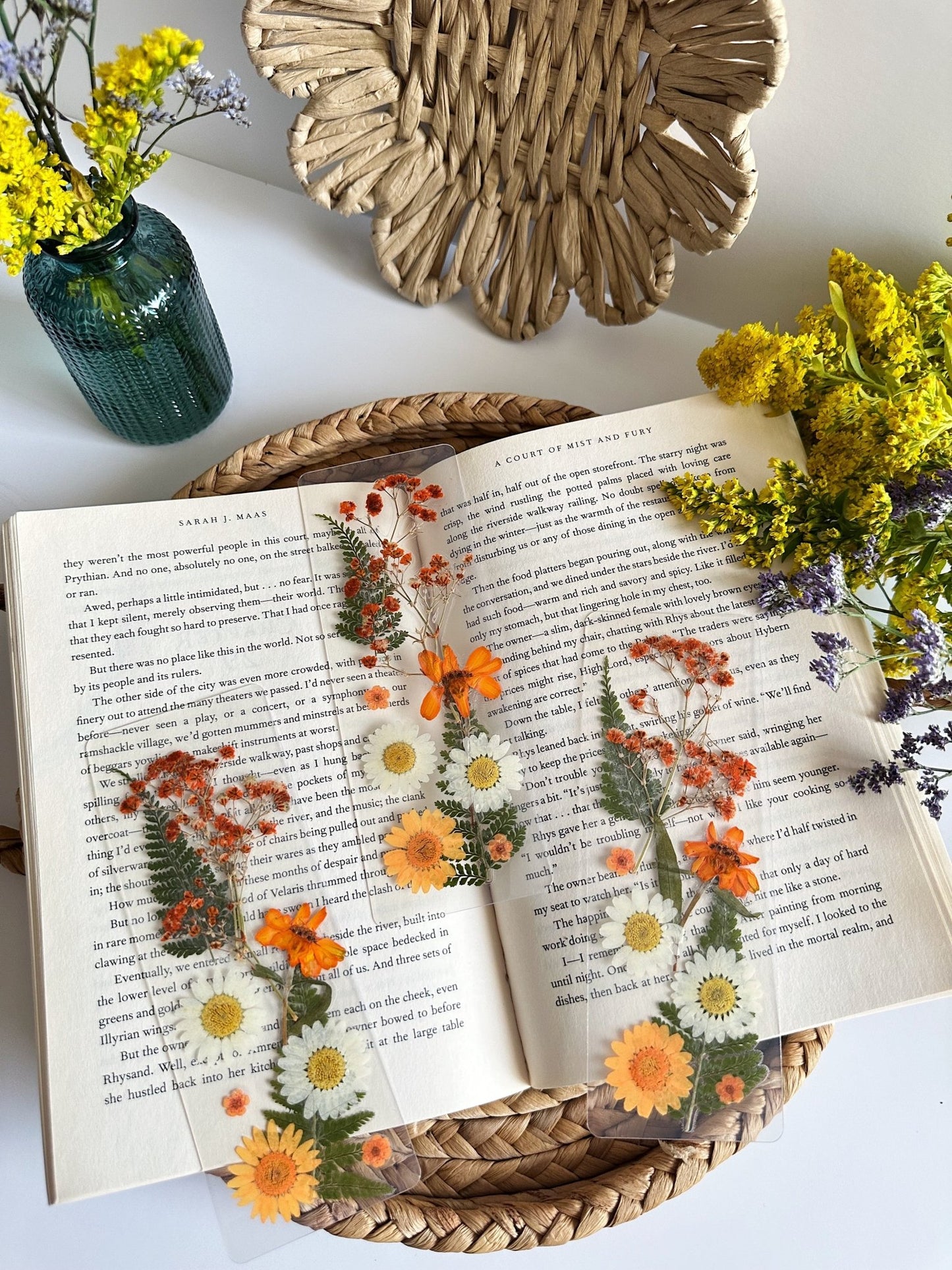 orange + white pressed flower bookmark