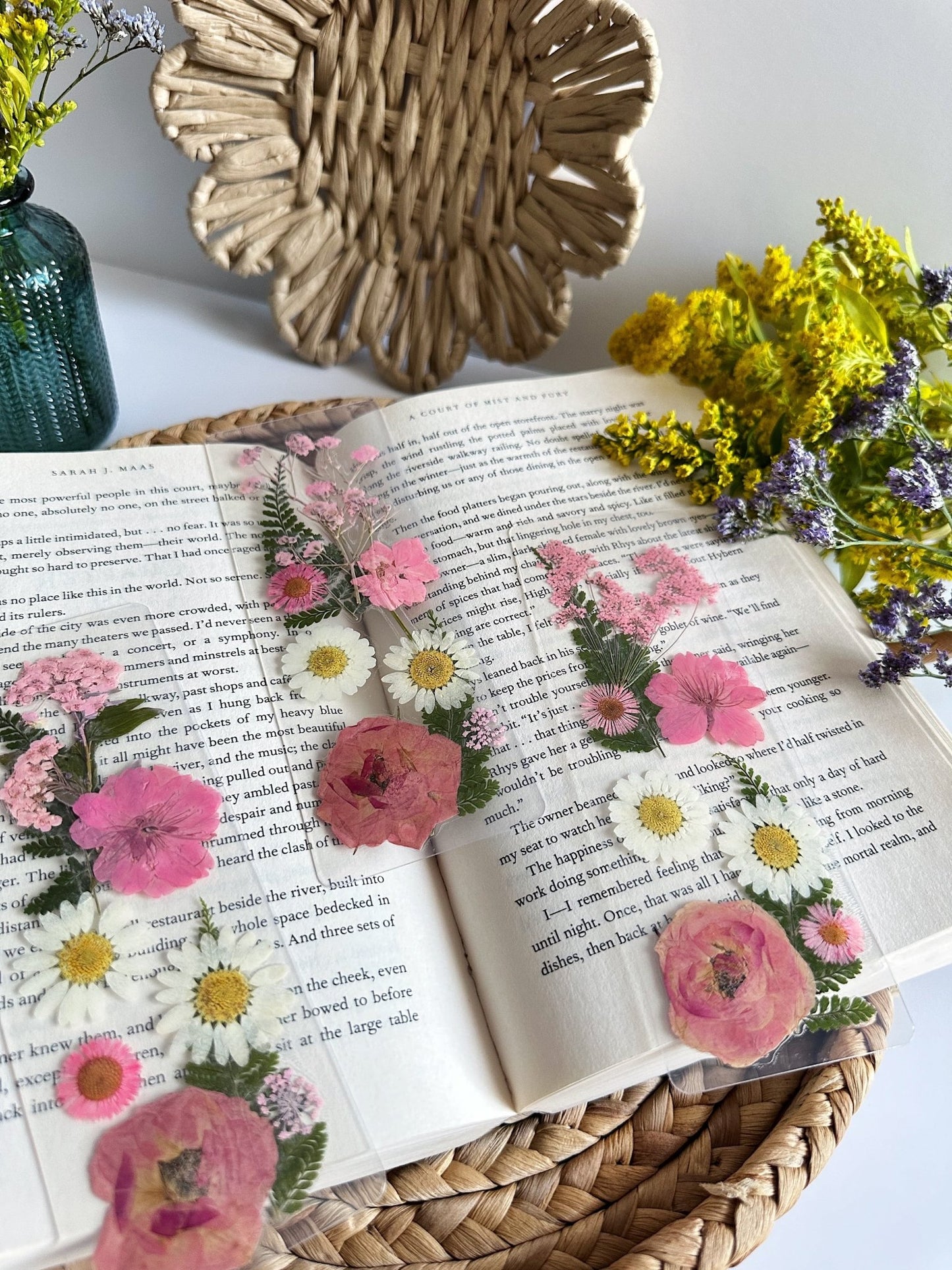 pink + white pressed flower bookmark