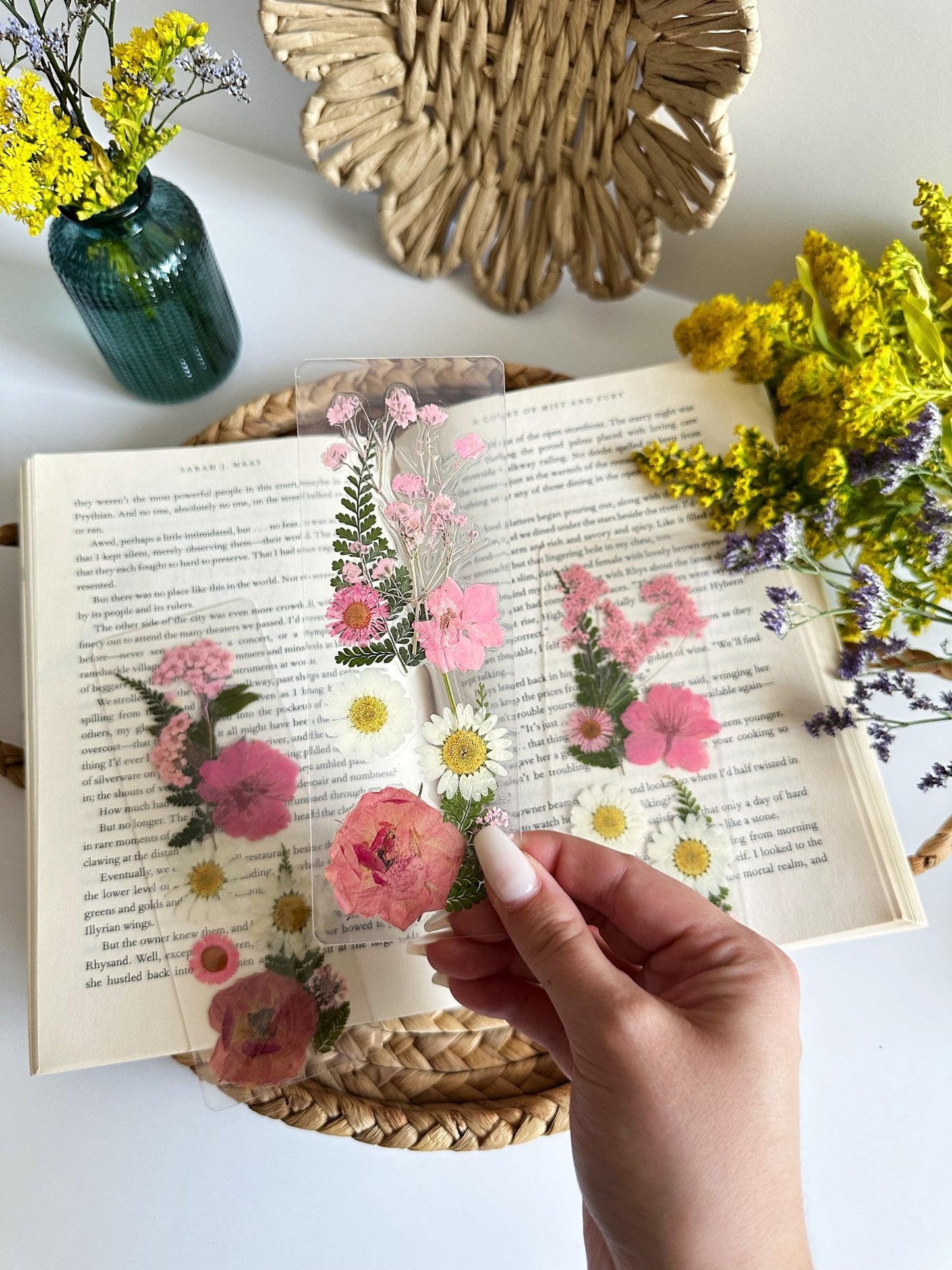 pink + white pressed flower bookmark