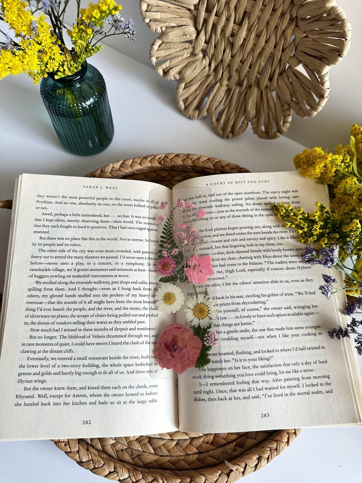 pink + white pressed flower bookmark