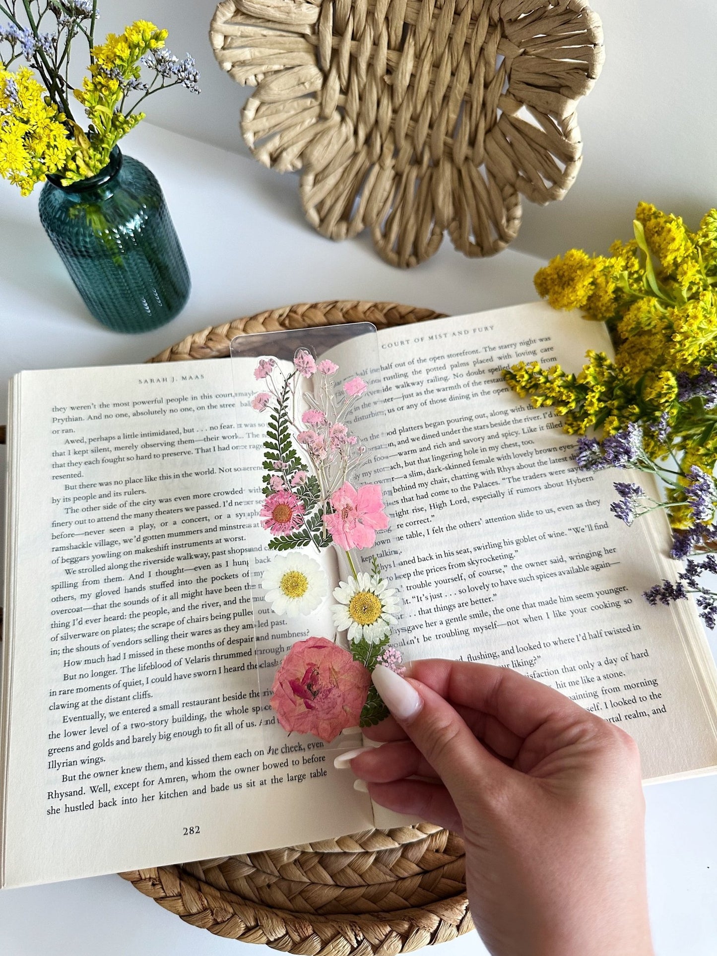 pink + white pressed flower bookmark