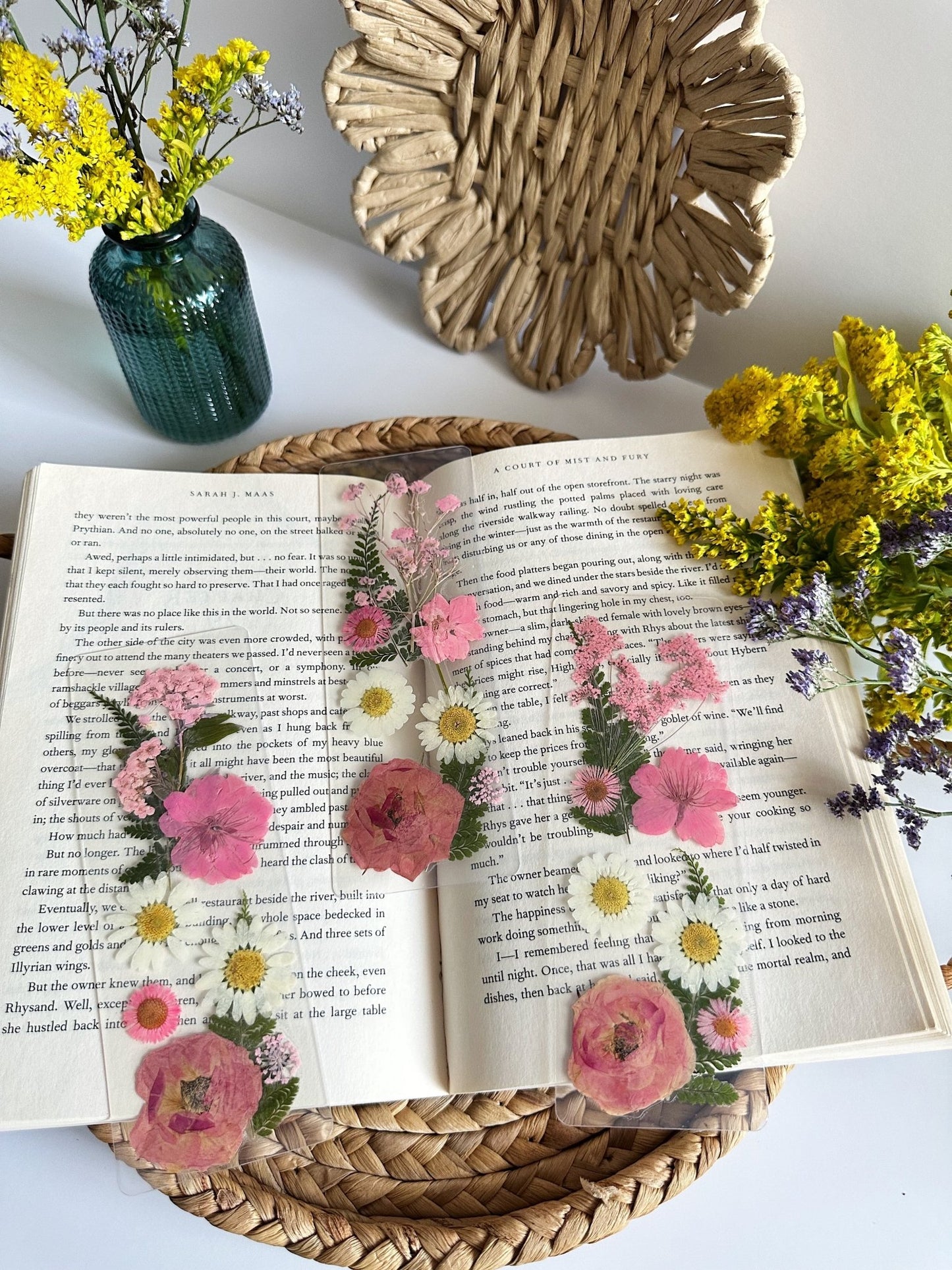 pink + white pressed flower bookmark