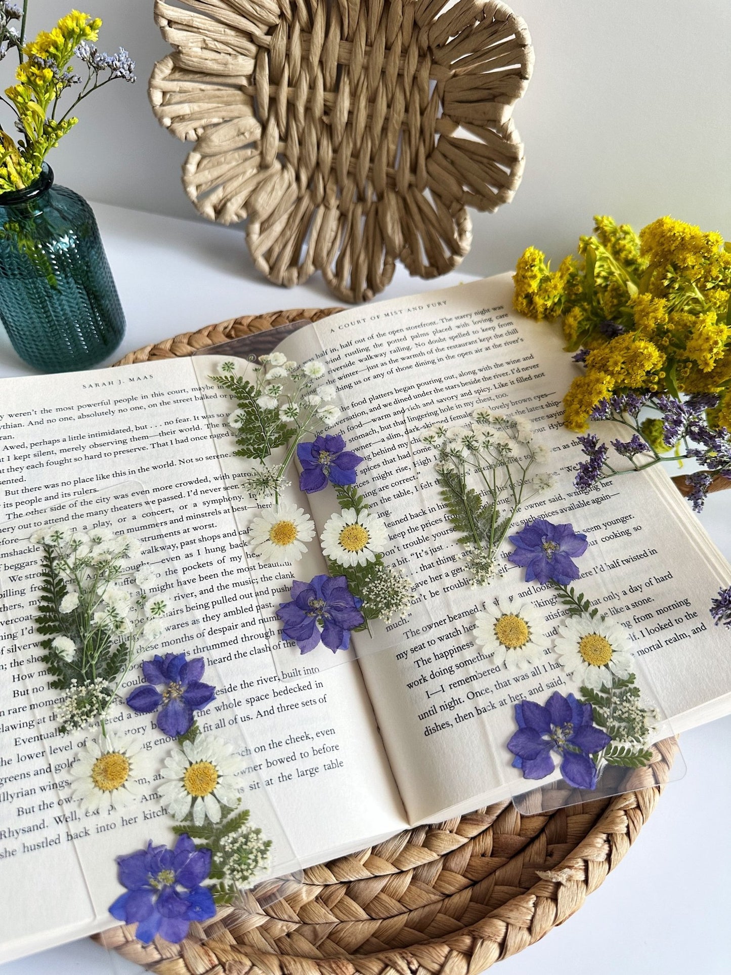 purple + white pressed flower bookmark