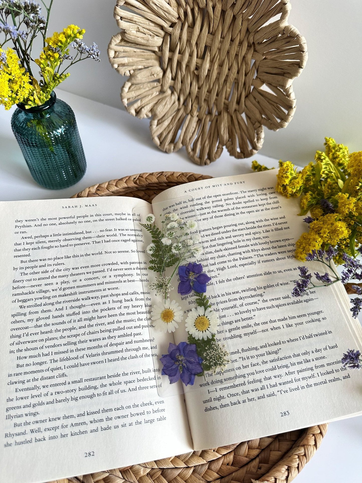 purple + white pressed flower bookmark