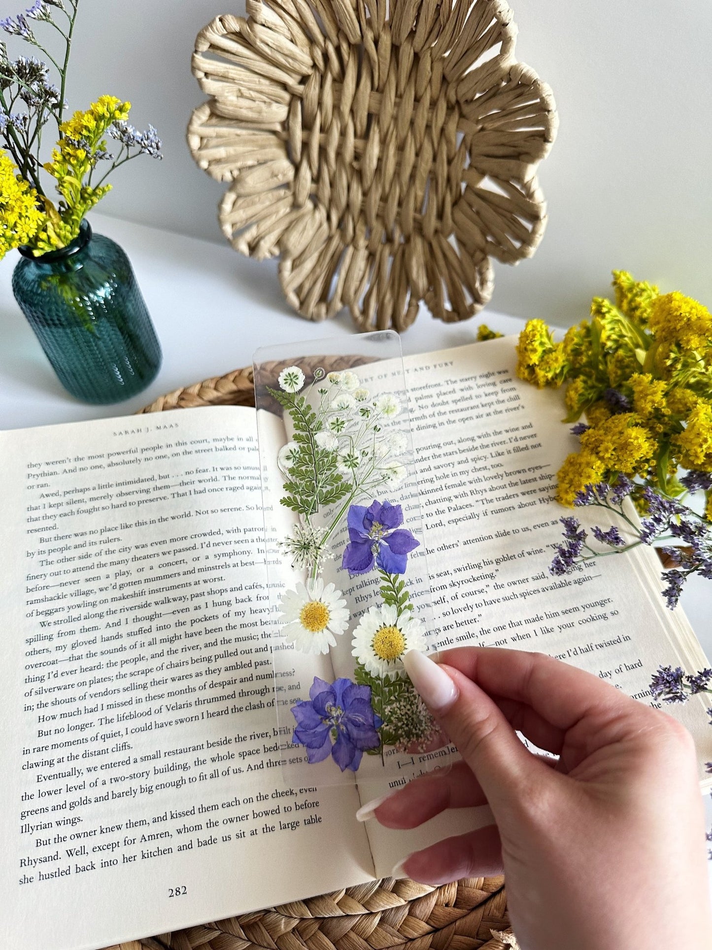 purple + white pressed flower bookmark