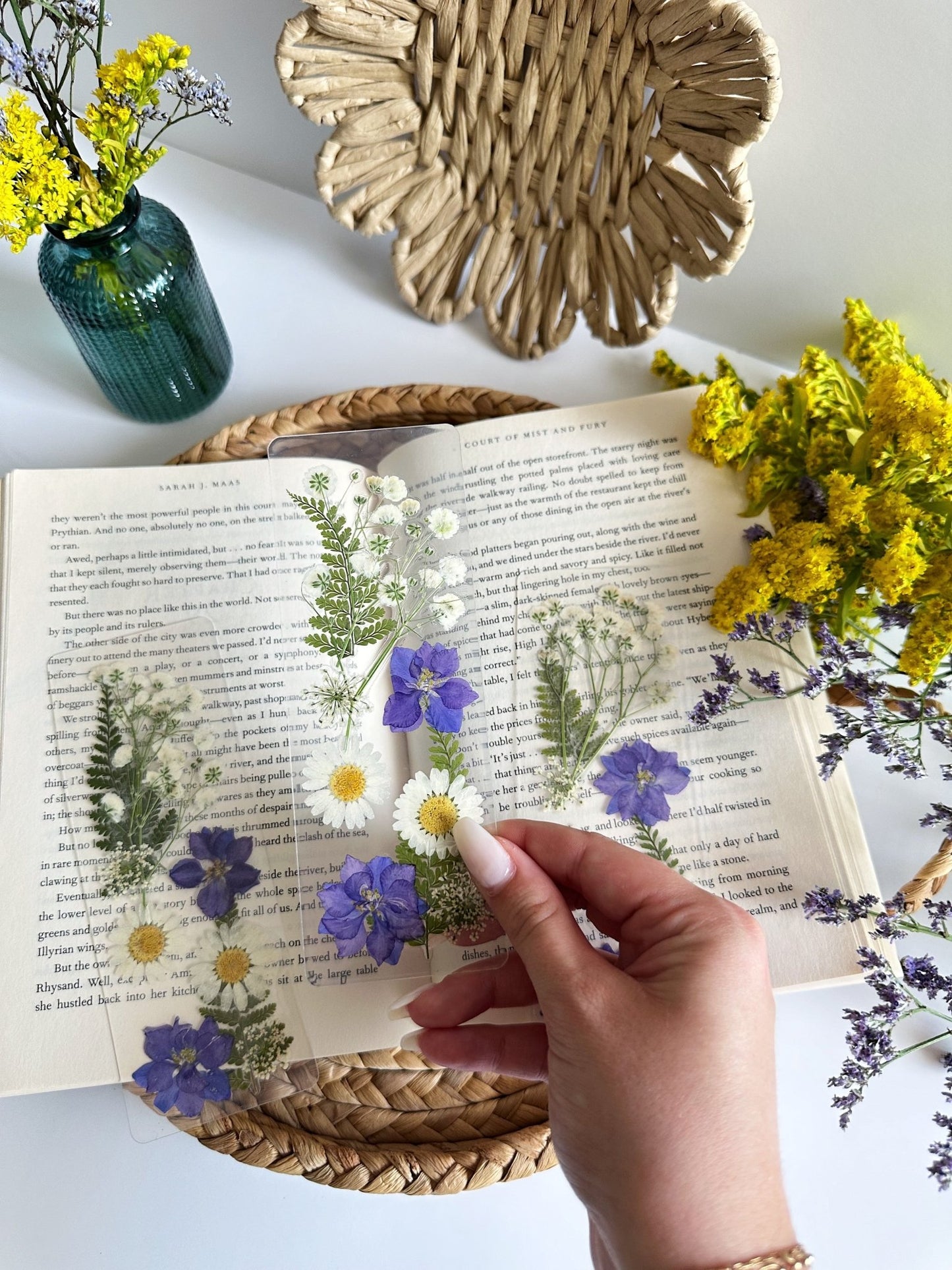 purple + white pressed flower bookmark