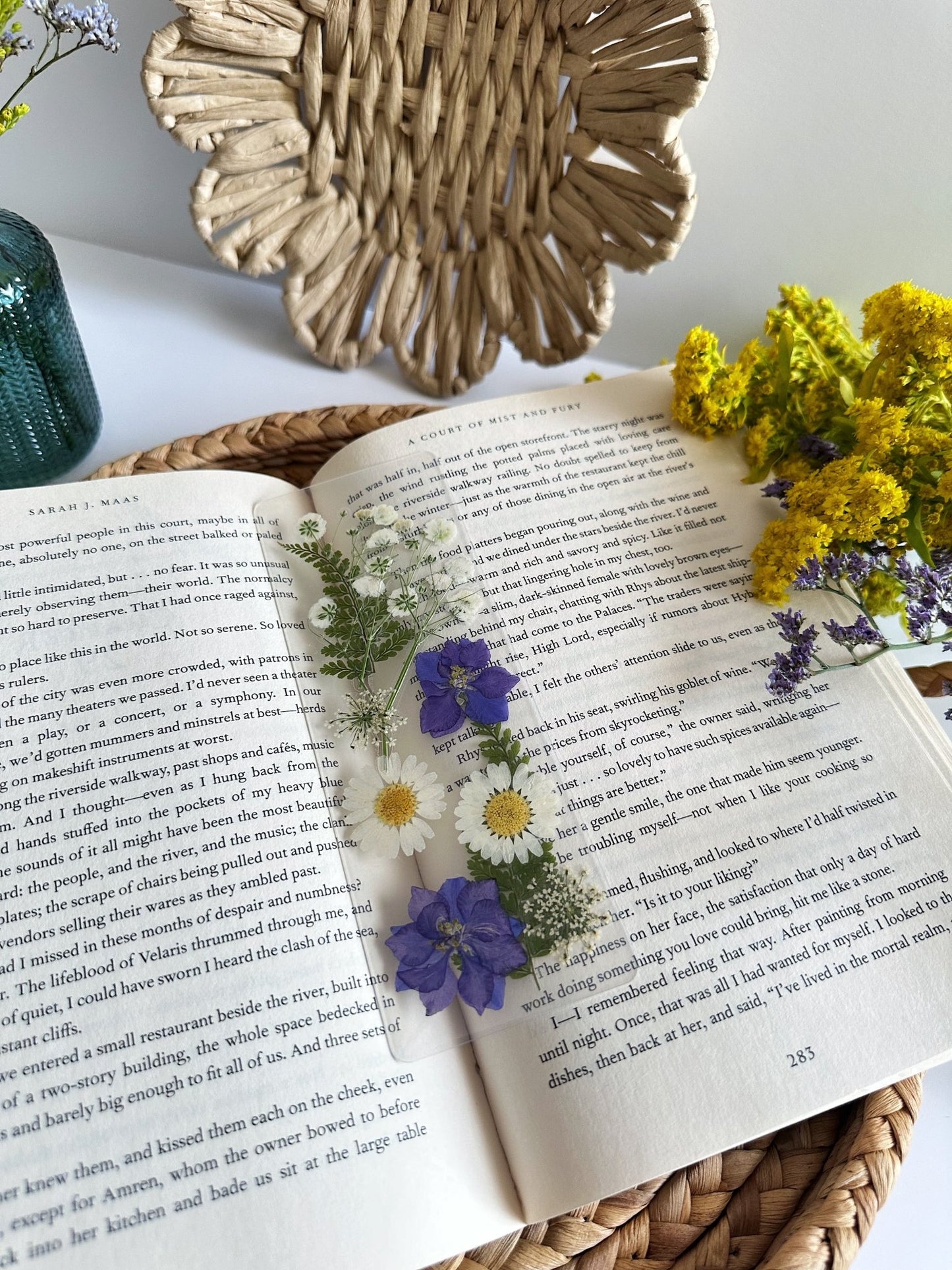 purple + white pressed flower bookmark