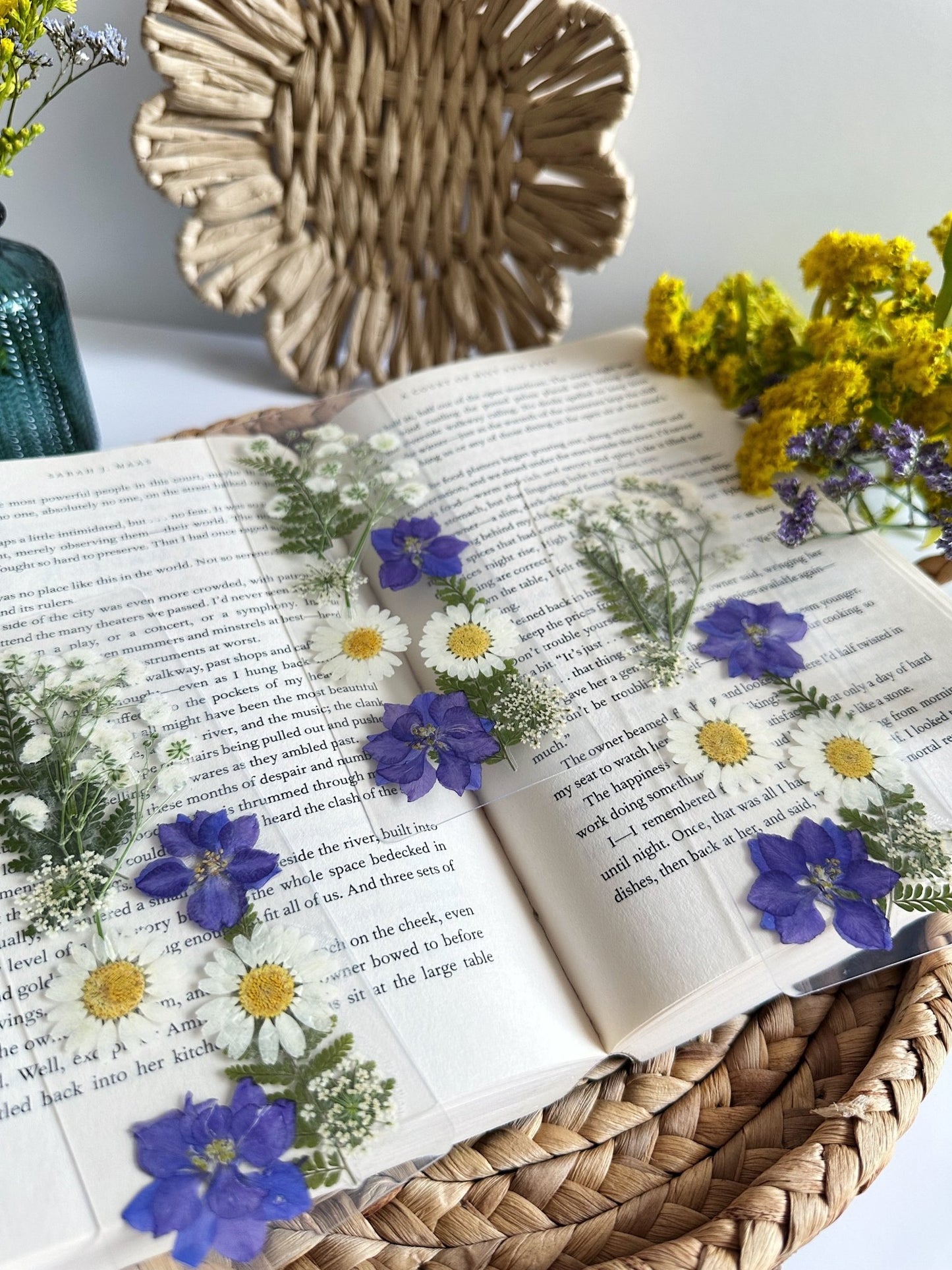 purple + white pressed flower bookmark