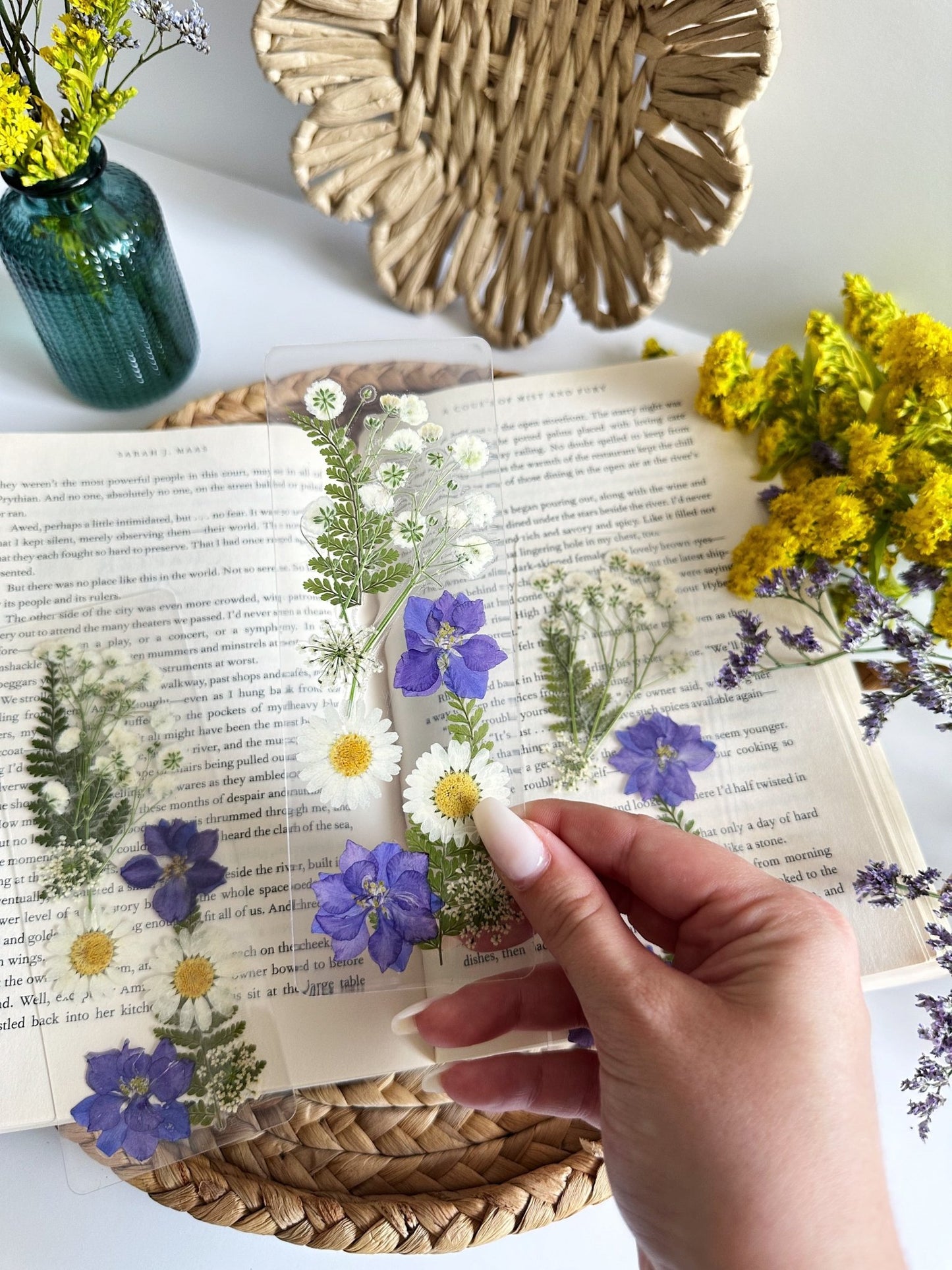 purple + white pressed flower bookmark